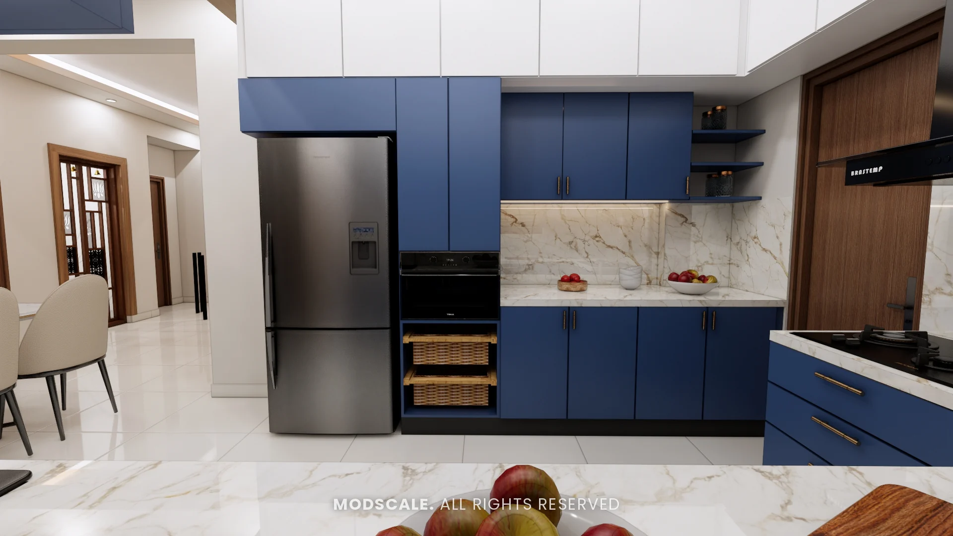 Kitchen with blue wall and base units and refrigerator bay, Sumana’s home interior in Banashankari