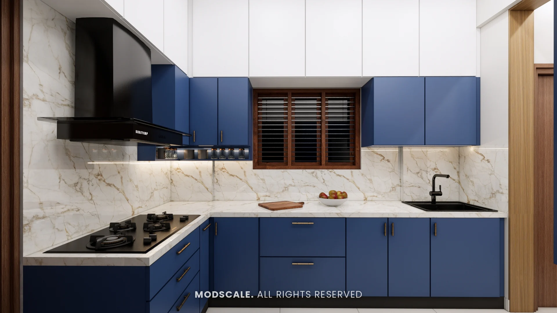 L-shaped kitchen counter under the window with blue cabinets and marble backsplash, Sumana’s home interior in Banashankari