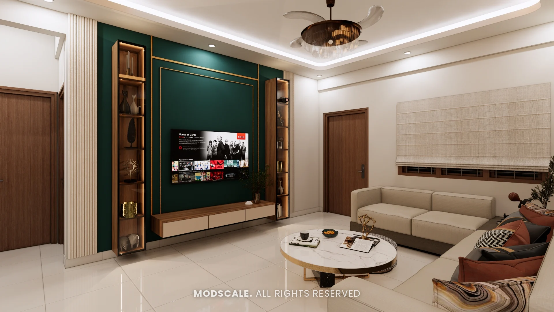 Living room with deep green TV wall, backlit display shelves and cream sectional sofa, Sumana’s home interior in Banashankari