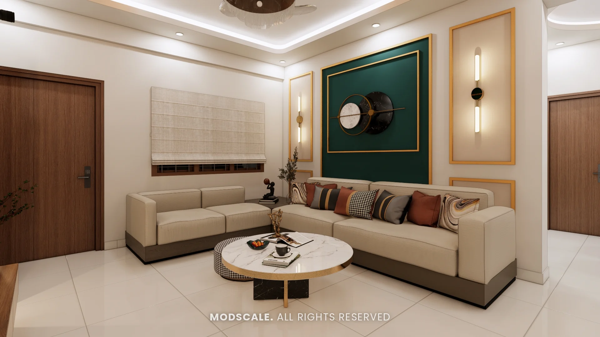 L-shaped cream sofa with round centre table and green accent wall, Sumana’s home interior in Banashankari