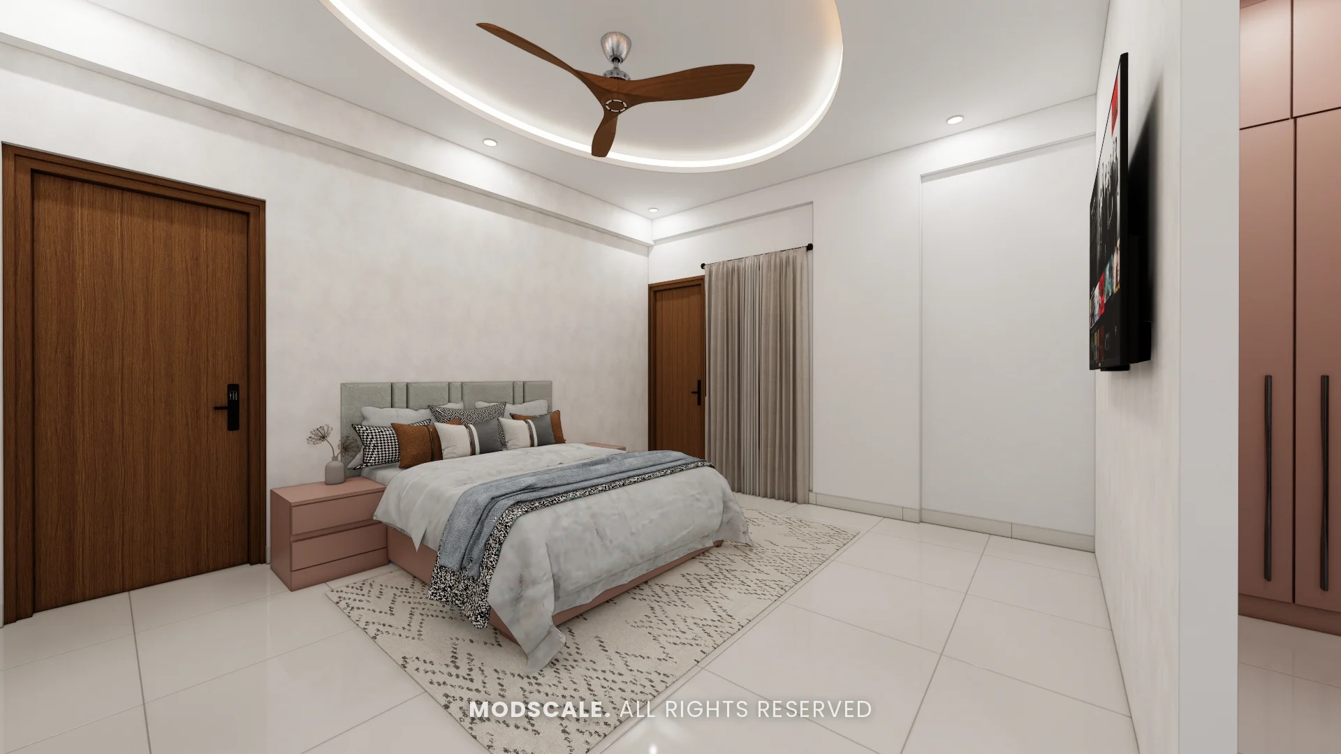 Master bedroom with upholstered bed, cove-lit ceiling and wooden door, Sumana’s home interior in Banashankari