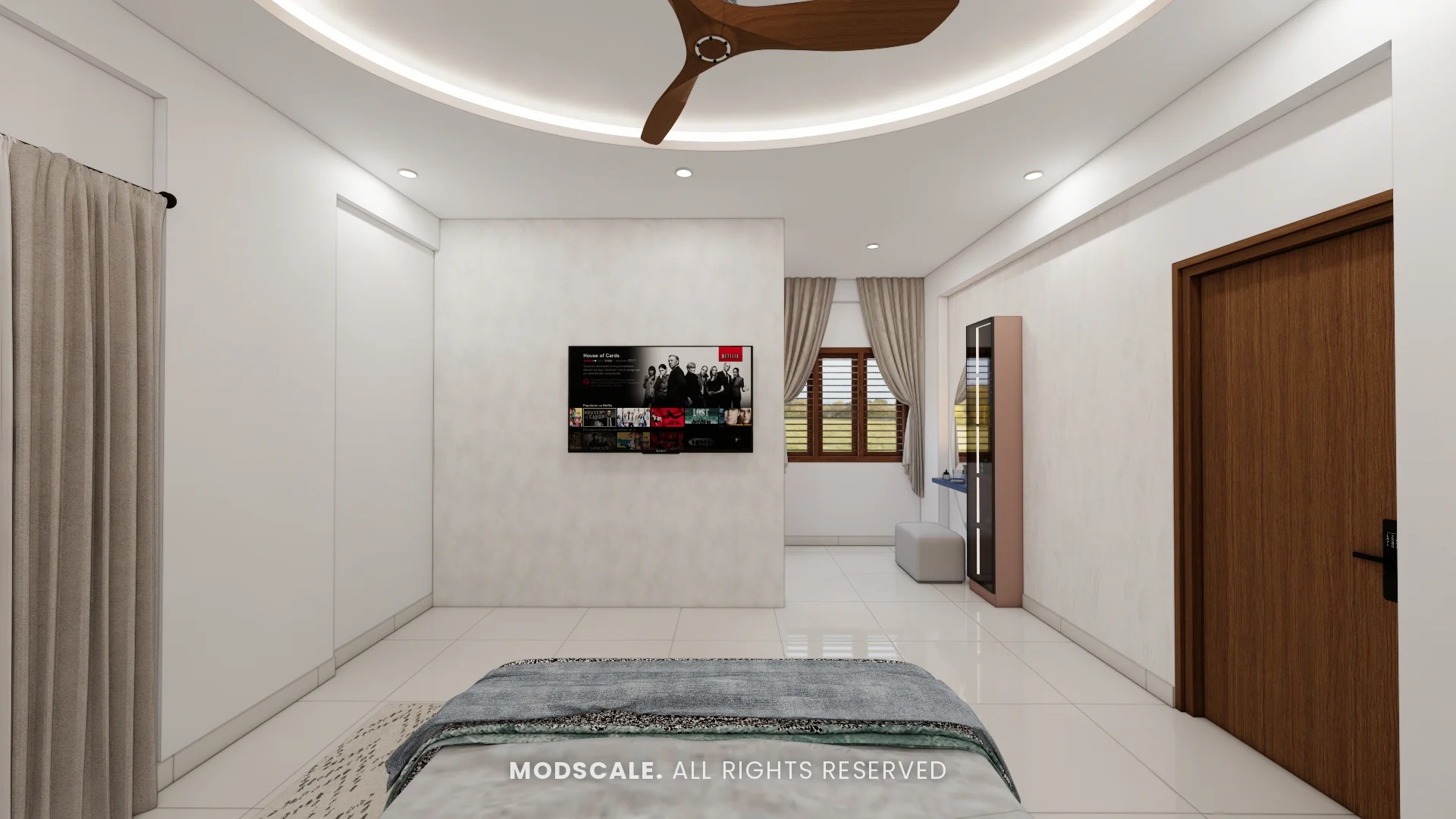 Master bedroom view towards the TV wall and window, Sumana’s home interior in Banashankari