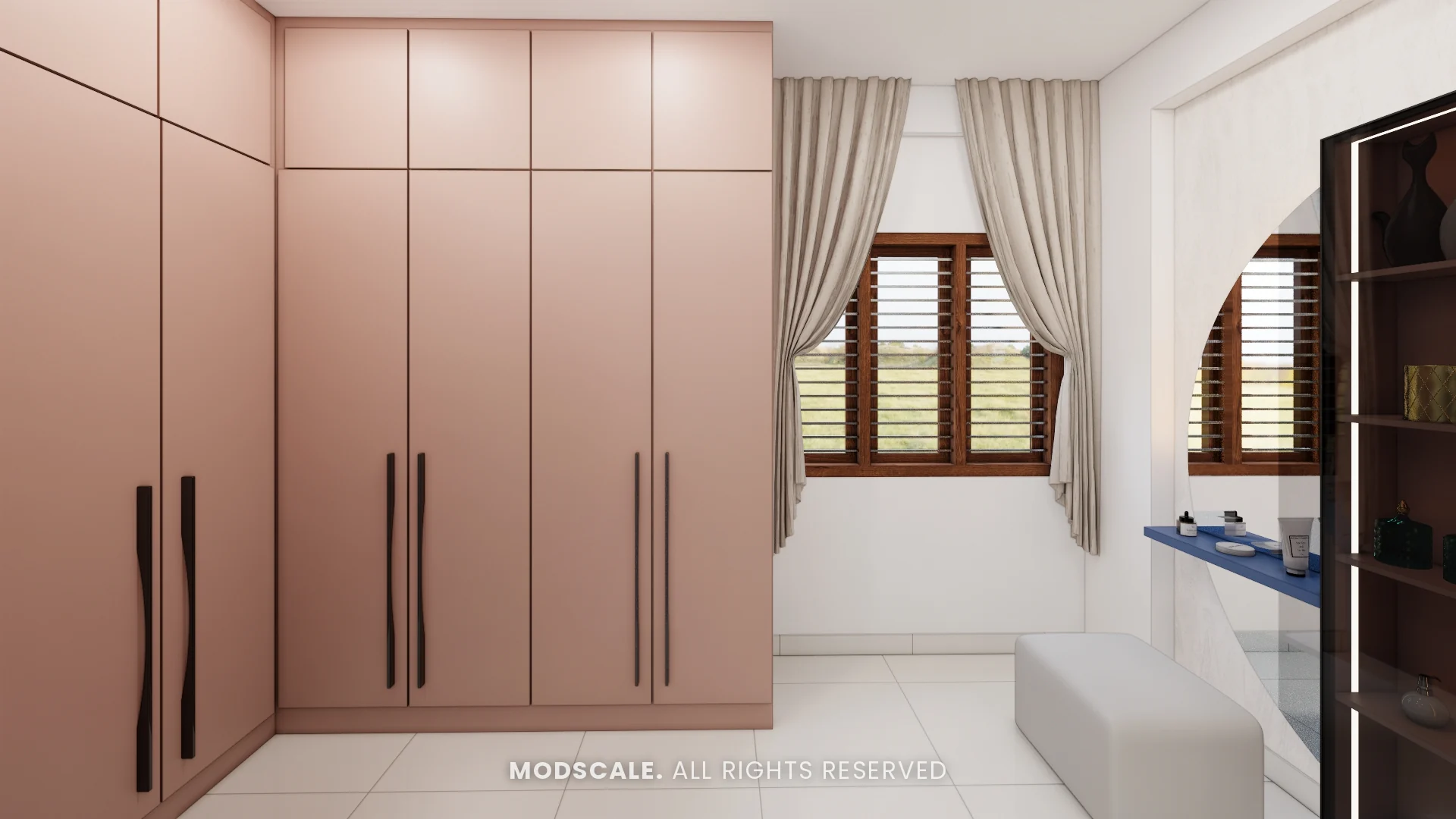 Master bedroom wardrobe in blush pink with bench and dressing counter, Sumana’s home interior in Banashankari