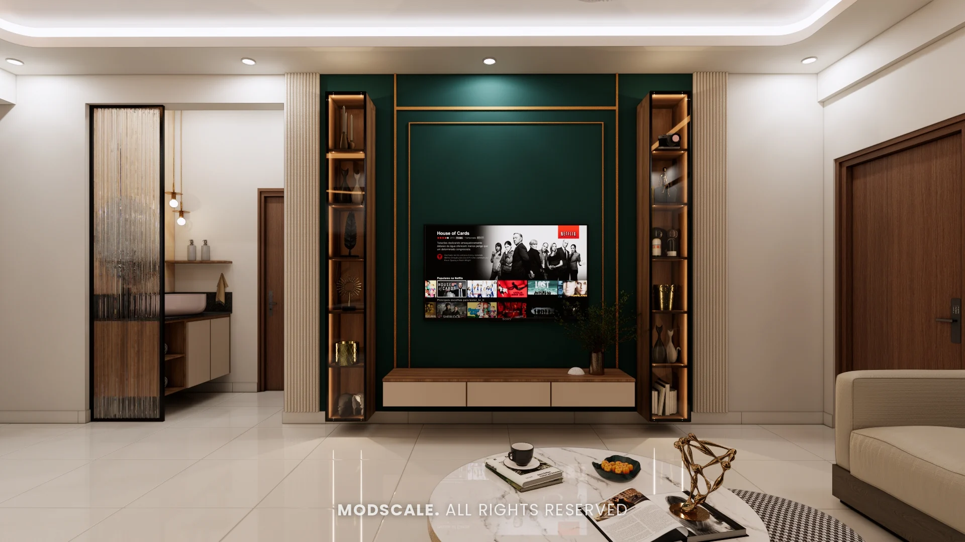 TV unit in coco wood finish on a green back panel with glass display units, Sumana’s home interior in Banashankari