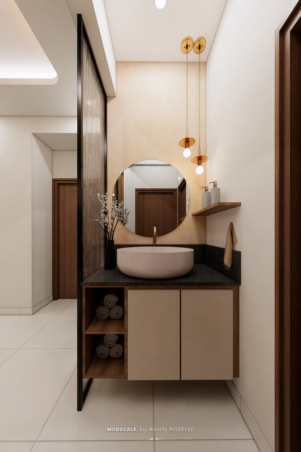 Common vanity with vessel basin, round mirror and wood-finish storage, Sumana’s home interior in Banashankari
