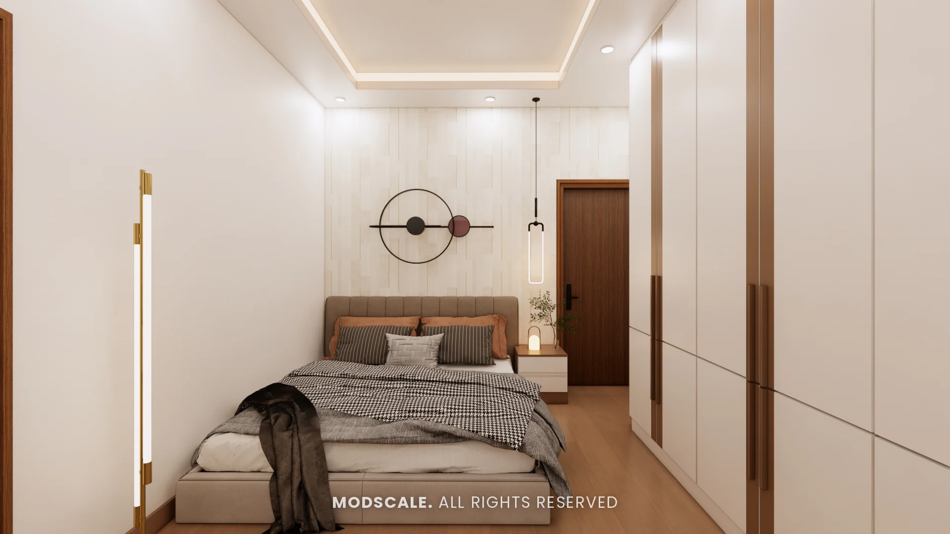 Guest bedroom with upholstered bed, ring wall light and textured headboard wall, Uma Jairam’s home interior at Sobha Sunflower, Talacauvery, Bengaluru