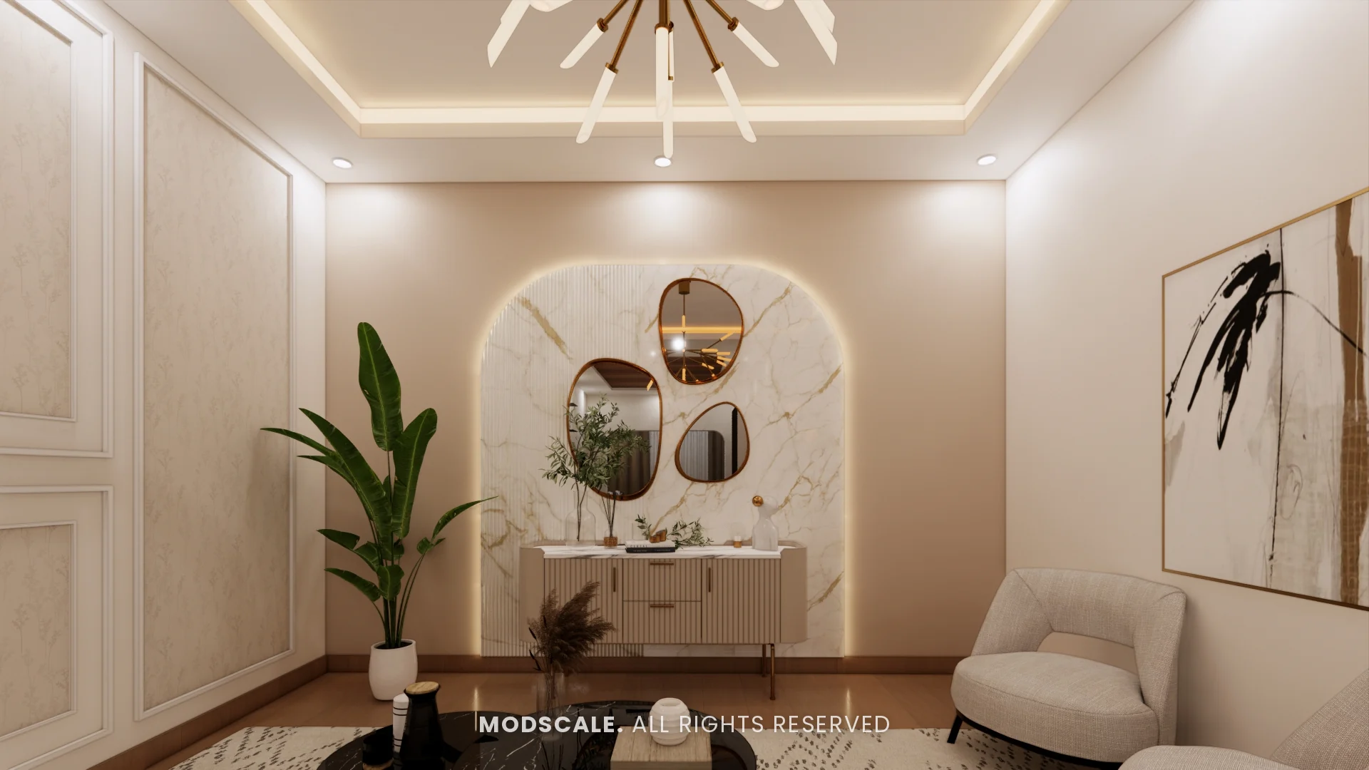 Fluted console in front of a backlit arched panel with three organic-shaped mirrors, Uma Jairam’s home interior at Sobha Sunflower, Talacauvery, Bengaluru
