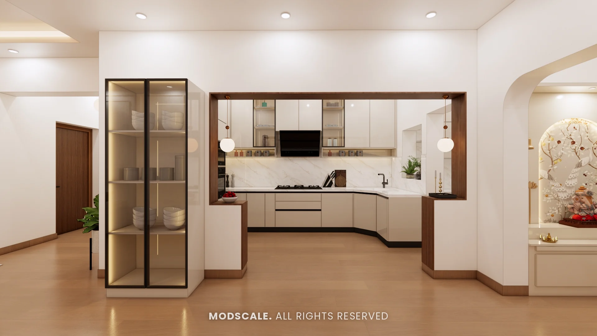 Glass crockery unit beside the walnut-framed kitchen opening, with puja niche to the right, Uma Jairam’s home interior at Sobha Sunflower, Talacauvery, Bengaluru