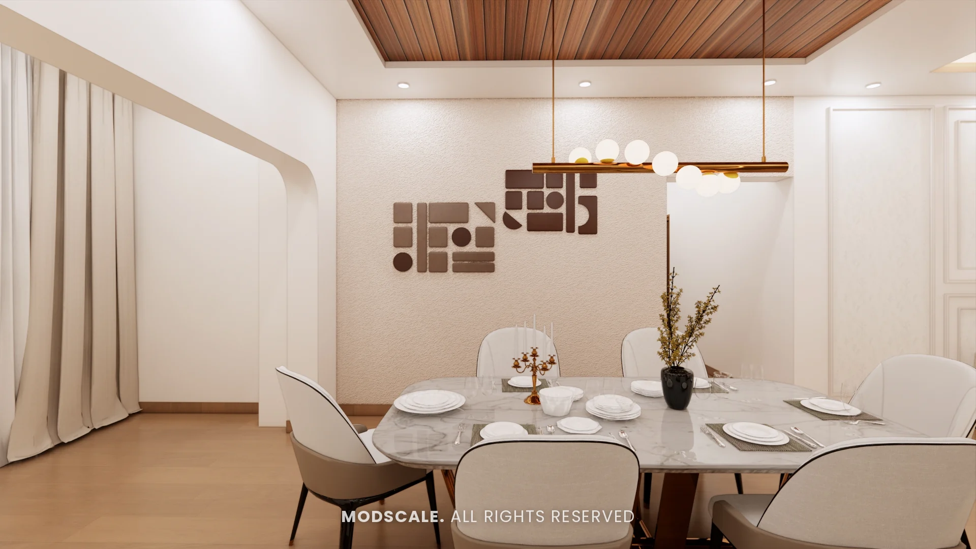 Dining table under a linear globe pendant with leather tile wall art, Uma Jairam’s home interior at Sobha Sunflower, Talacauvery, Bengaluru