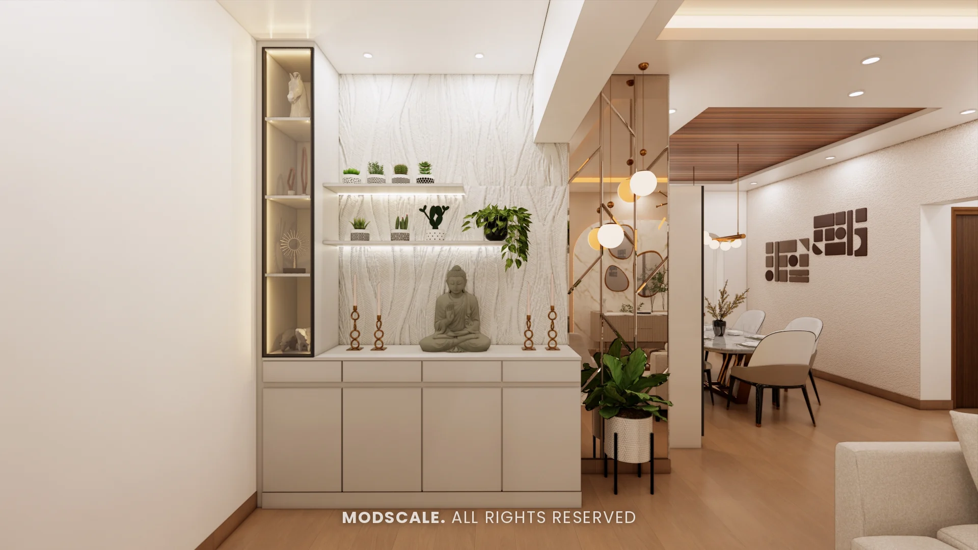Foyer unit with textured back panel, lit floating shelves, glass display tower and brass partition, Uma Jairam’s home interior at Sobha Sunflower, Talacauvery, Bengaluru