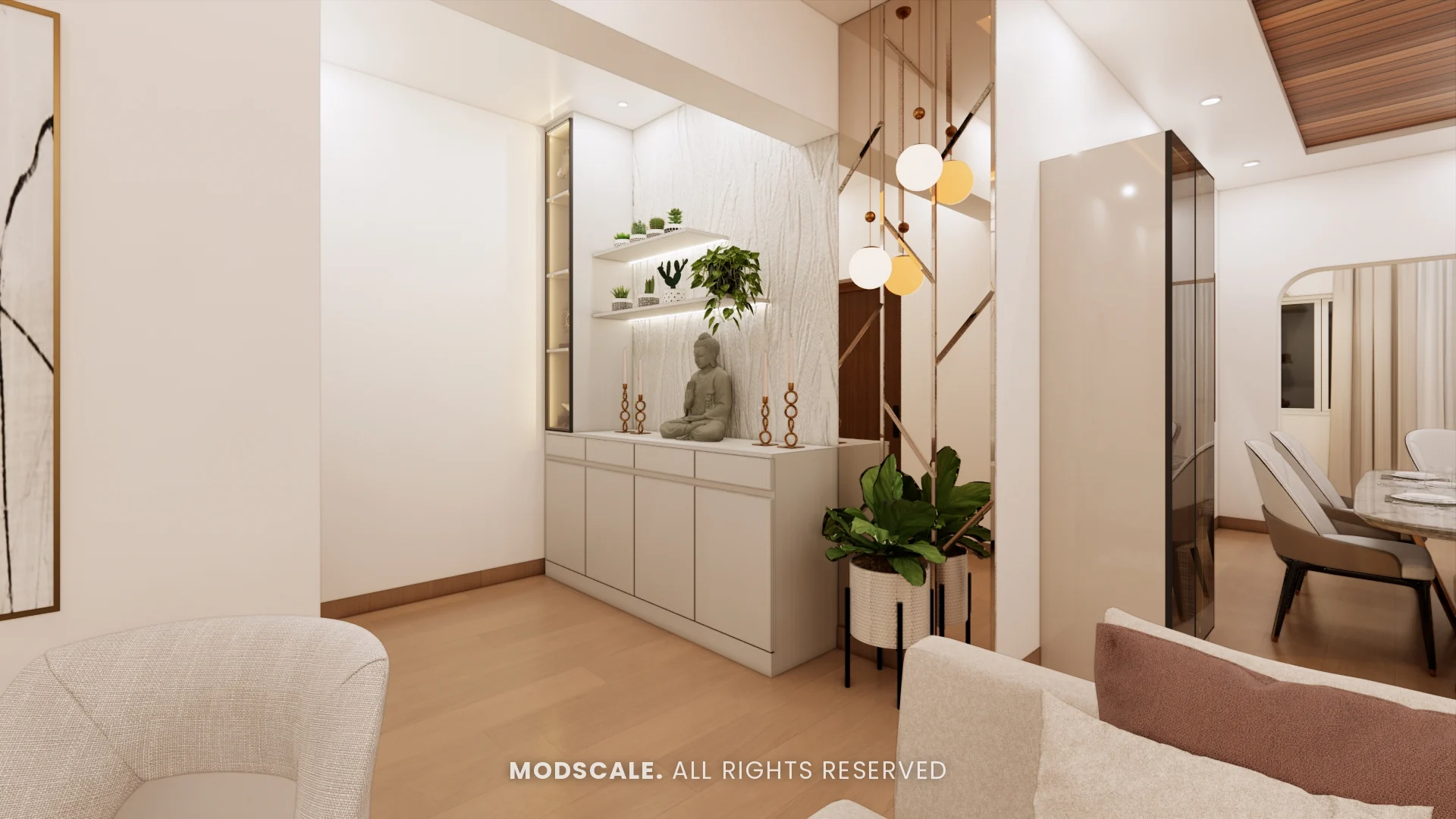 Foyer unit and brass rod partition with hanging globe lights beside the dining area, Uma Jairam’s home interior at Sobha Sunflower, Talacauvery, Bengaluru