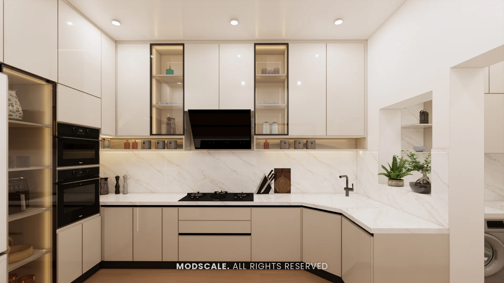 Kitchen in glossy cream with marble-finish counter and backsplash, lit glass shutters and tall oven unit, Uma Jairam’s home interior at Sobha Sunflower, Talacauvery, Bengaluru