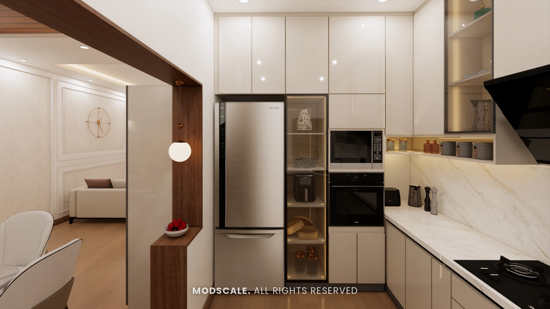 Kitchen tall units with refrigerator, lit glass pantry and built-in ovens, seen through the walnut frame, Uma Jairam’s home interior at Sobha Sunflower, Talacauvery, Bengaluru