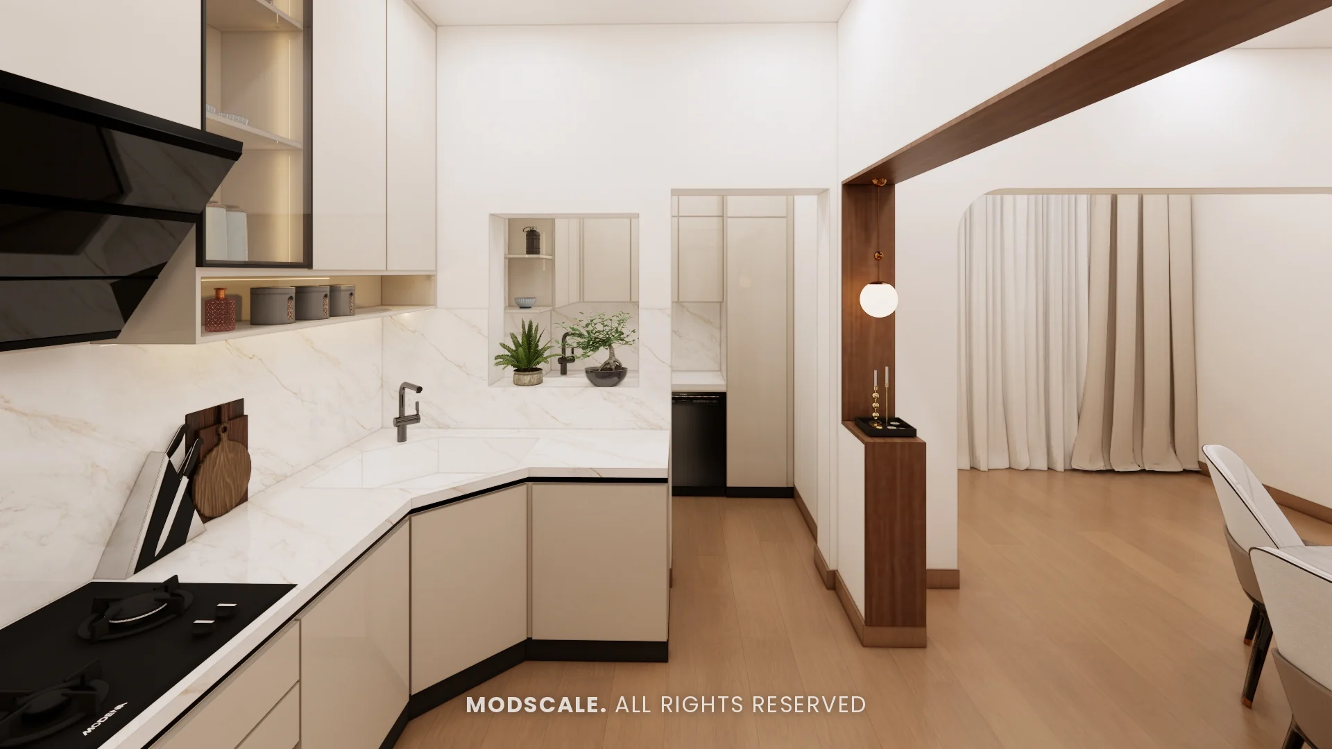 Kitchen counter looking towards the utility and dining area, Uma Jairam’s home interior at Sobha Sunflower, Talacauvery, Bengaluru