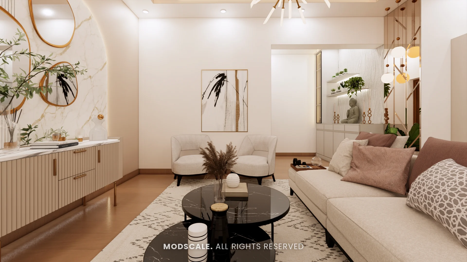 Living room seating with round black marble tables, armchairs and foyer unit beyond, Uma Jairam’s home interior at Sobha Sunflower, Talacauvery, Bengaluru