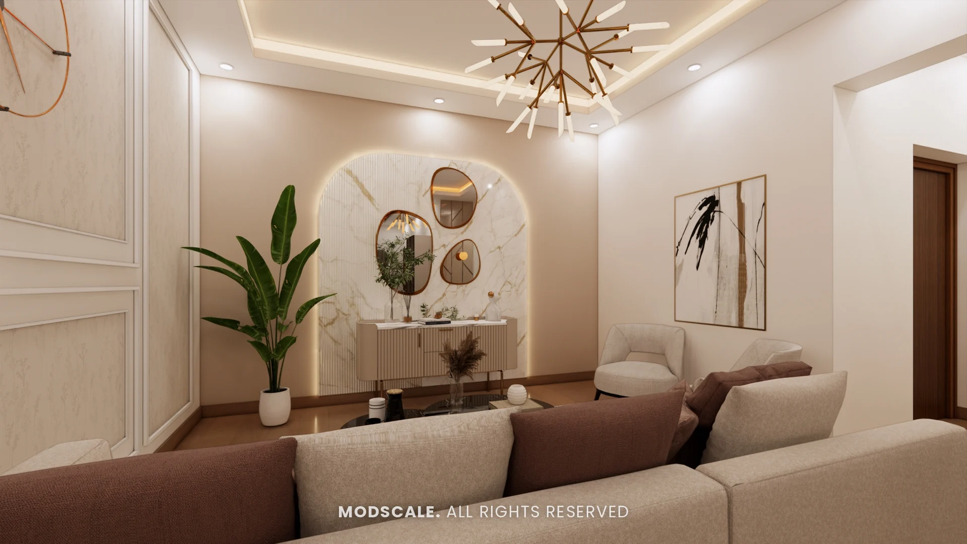 Living room seen over the sofa towards the arched feature panel, Uma Jairam’s home interior at Sobha Sunflower, Talacauvery, Bengaluru