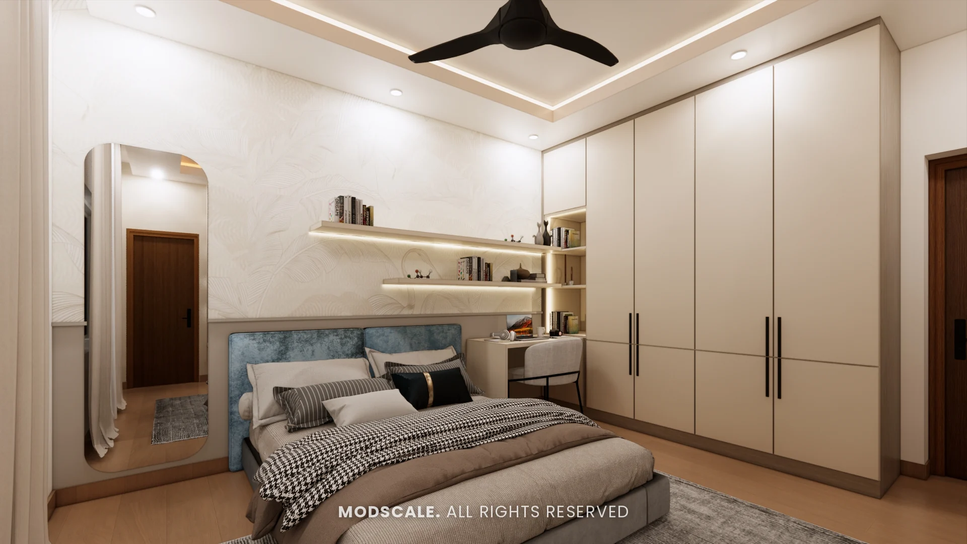 Master bedroom with blue headboard, lit floating shelves, tall mirror and cream wardrobe, Uma Jairam’s home interior at Sobha Sunflower, Talacauvery, Bengaluru