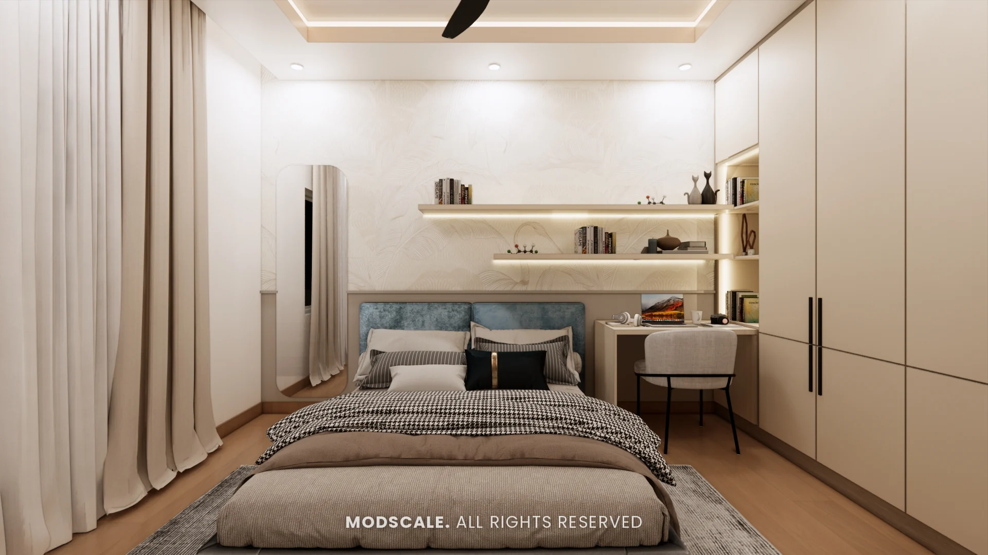 Master bedroom with study corner beside the bed and full-height curtains, Uma Jairam’s home interior at Sobha Sunflower, Talacauvery, Bengaluru