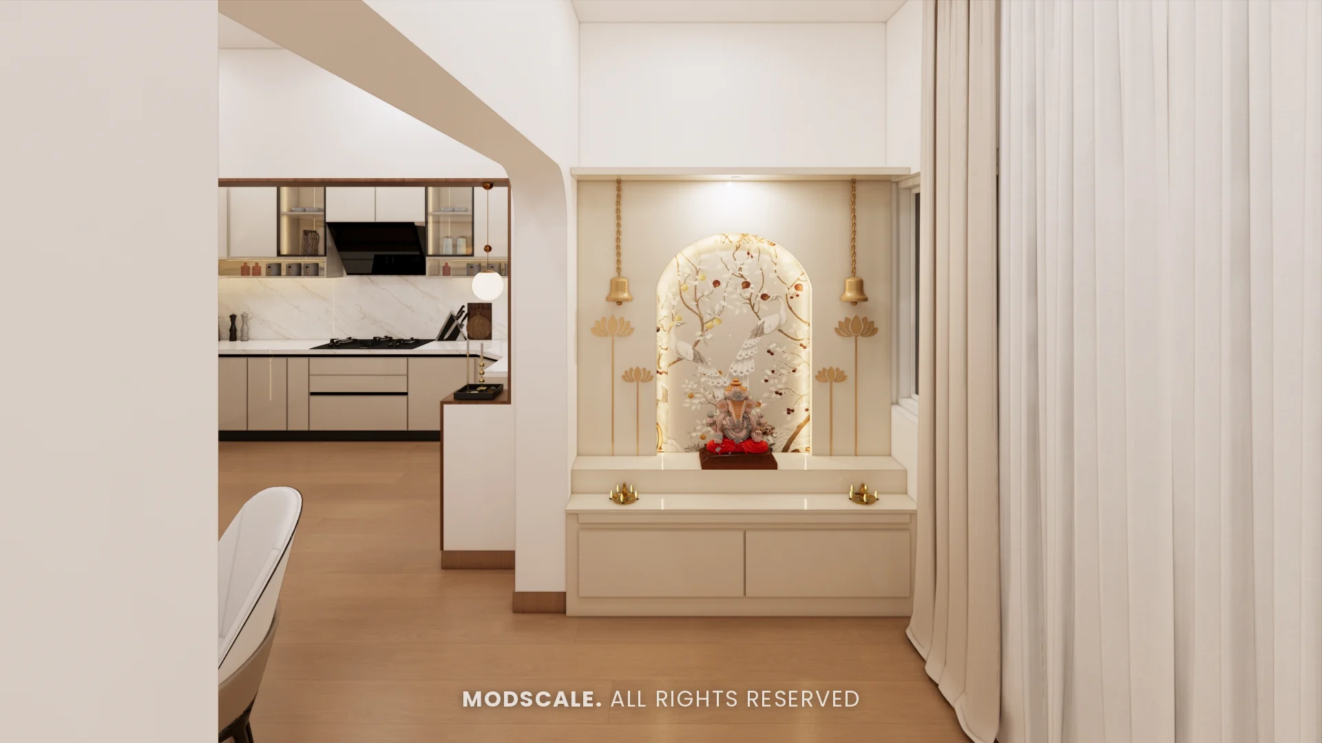 Puja unit with backlit arched floral panel, brass lotus motifs and hanging bells, Uma Jairam’s home interior at Sobha Sunflower, Talacauvery, Bengaluru