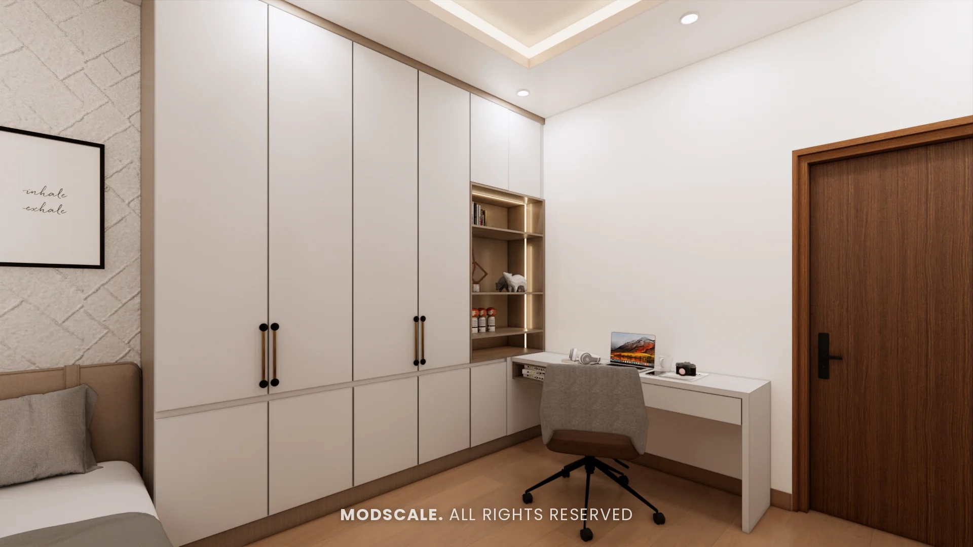 Study room with white wardrobe wall, lit open shelves and study desk, Uma Jairam’s home interior at Sobha Sunflower, Talacauvery, Bengaluru