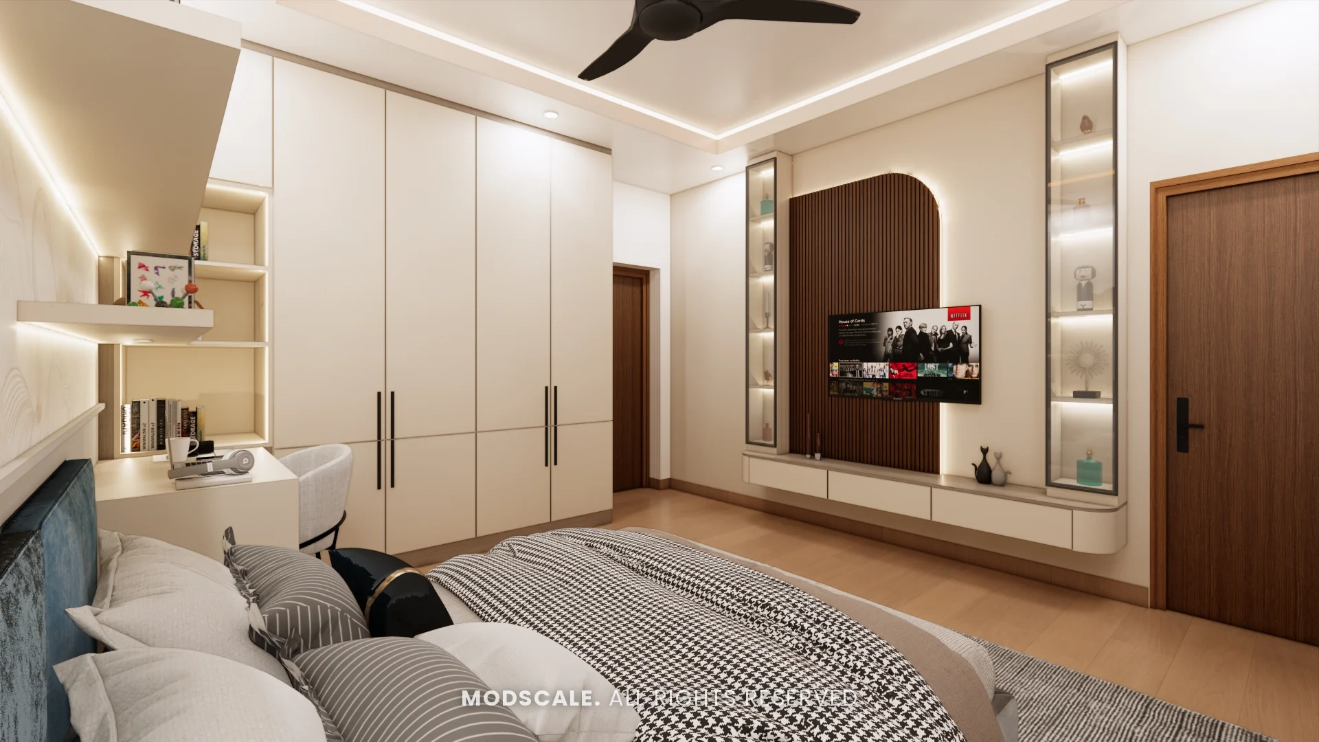 Master bedroom TV wall with arched walnut slat panel between lit glass display towers, Uma Jairam’s home interior at Sobha Sunflower, Talacauvery, Bengaluru