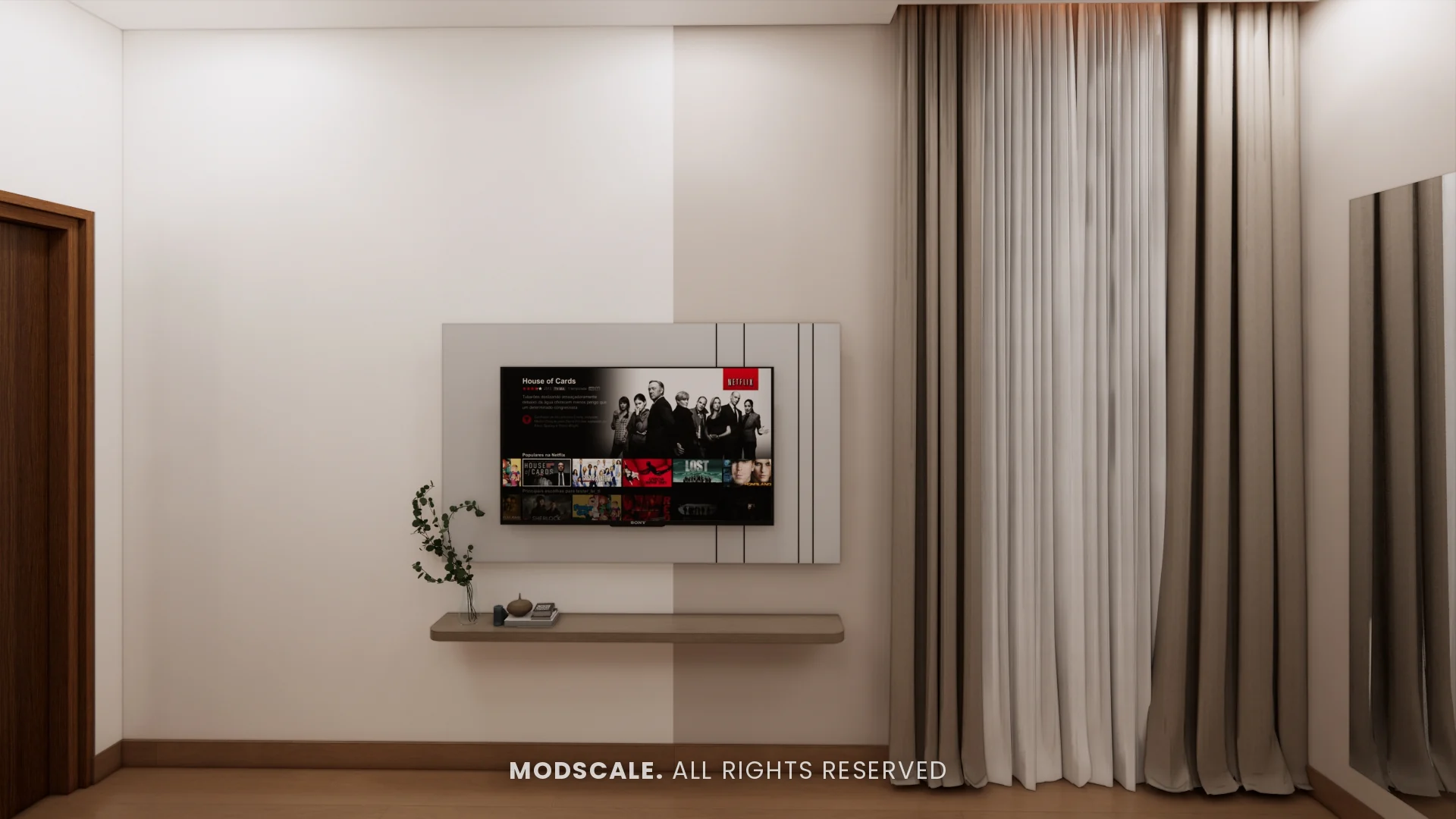 TV panel with grooved lines and floating ledge, Uma Jairam’s home interior at Sobha Sunflower, Talacauvery, Bengaluru
