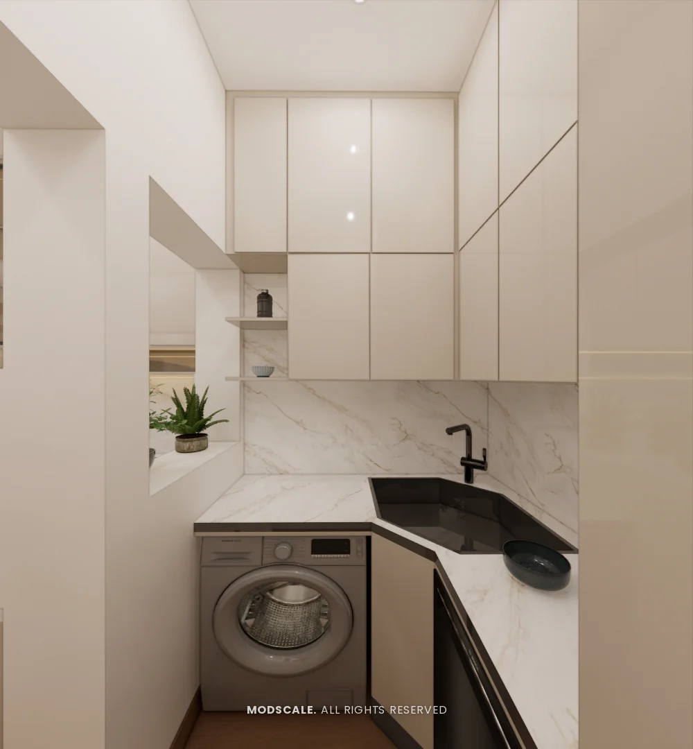 Utility with corner sink, washing machine and wall cabinets, Uma Jairam’s home interior at Sobha Sunflower, Talacauvery, Bengaluru