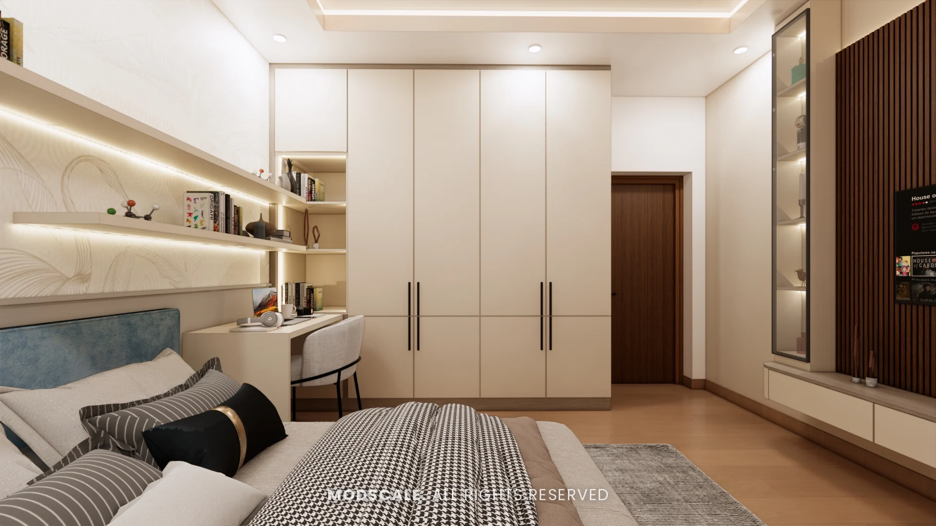 Cream wardrobe with black handles beside the study desk and lit shelves, Uma Jairam’s home interior at Sobha Sunflower, Talacauvery, Bengaluru