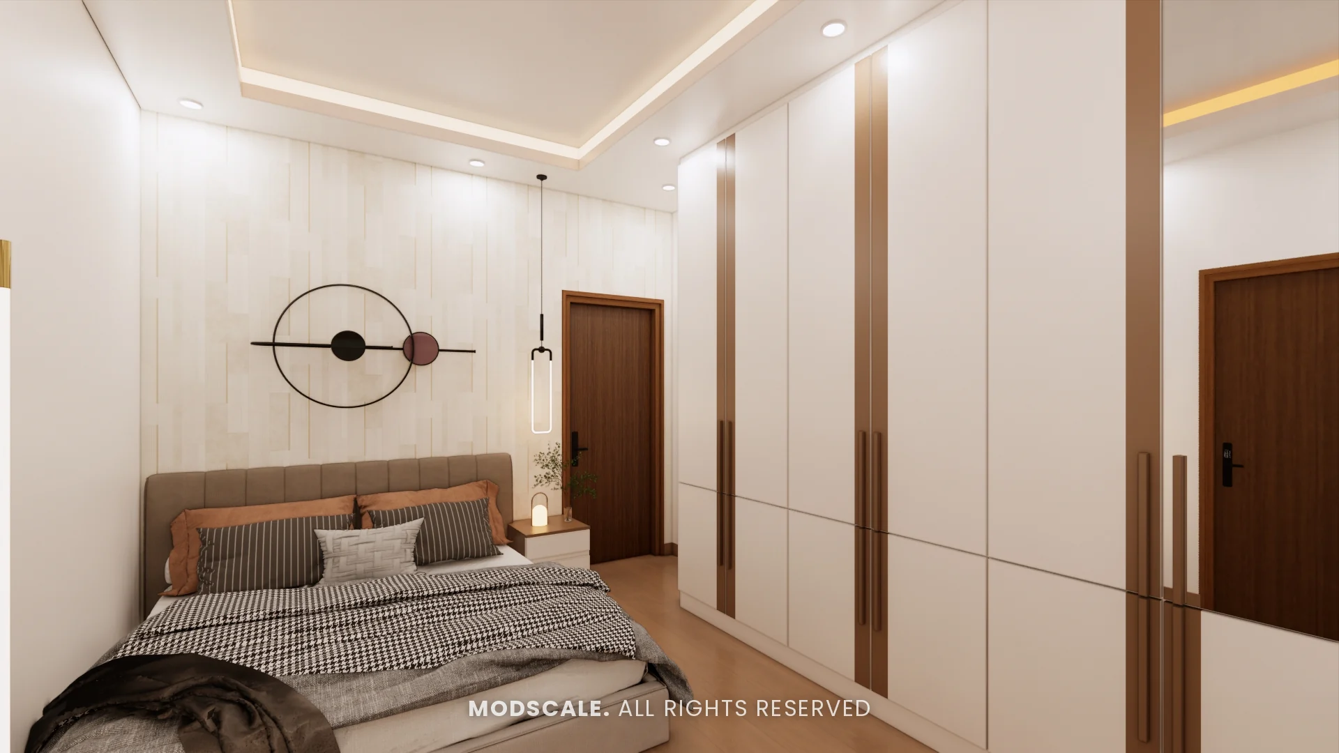 White wardrobe with walnut handle strips along the guest bedroom wall, Uma Jairam’s home interior at Sobha Sunflower, Talacauvery, Bengaluru