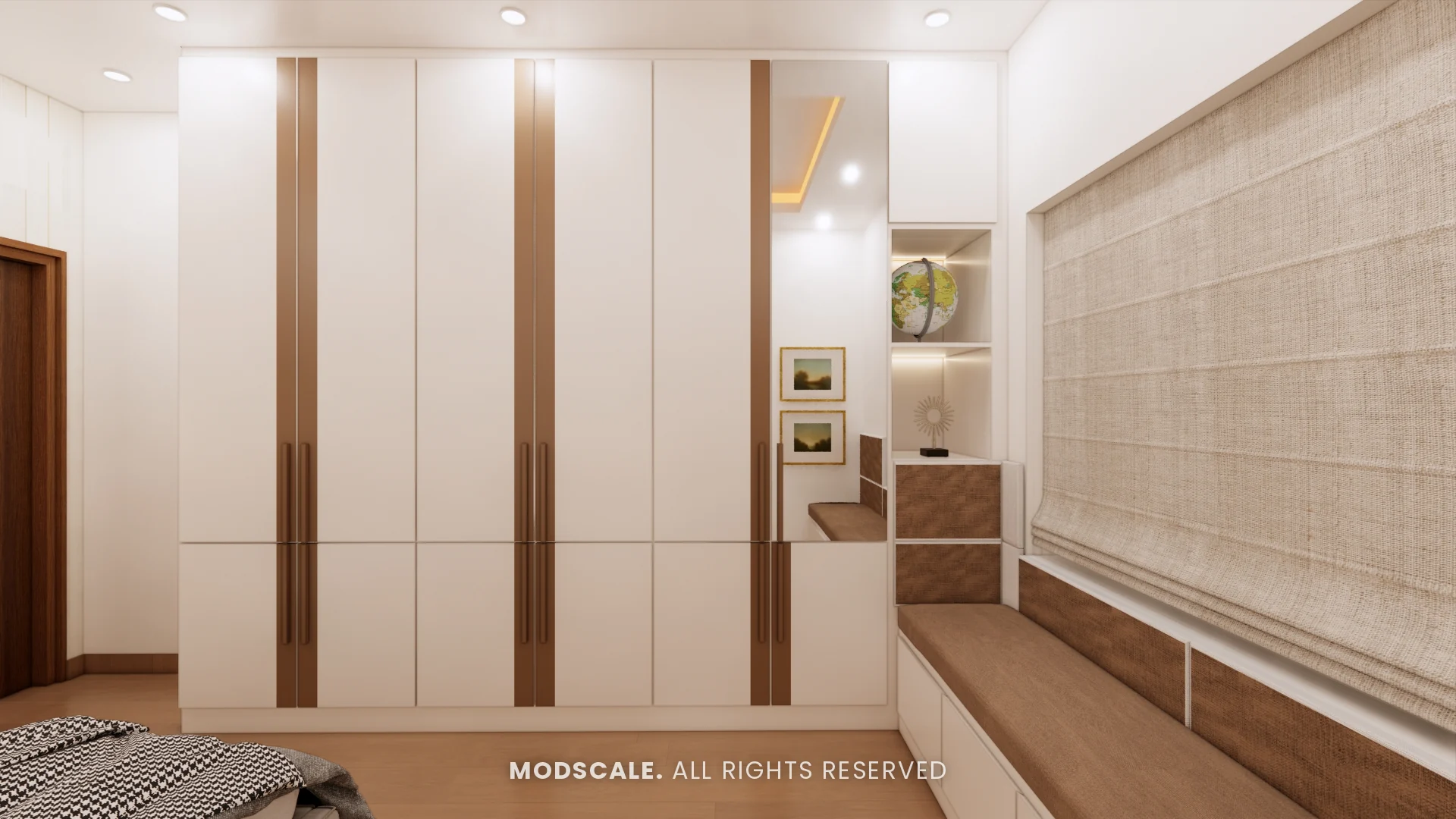 Wardrobe with dresser niche and display shelves beside the window seat, Uma Jairam’s home interior at Sobha Sunflower, Talacauvery, Bengaluru
